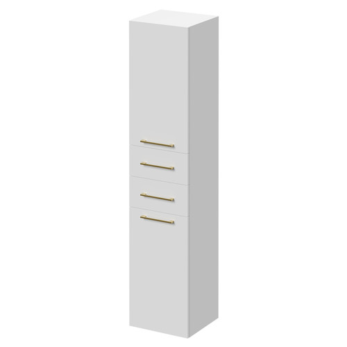 Napoli Gloss White 350mm x 1600mm Wall Mounted Tall Storage Unit with 2 Doors 2 Drawers and Brushed Brass Handles Right Hand View