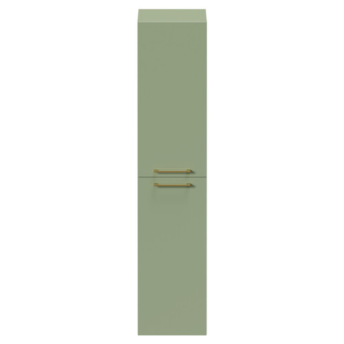 Napoli Olive Green 350mm x 1600mm Wall Mounted Tall Storage Unit with 2 Doors and Brushed Brass Handles Front View