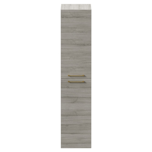 Napoli Molina Ash 350mm x 1600mm Wall Mounted Tall Storage Unit with 2 Doors and Brushed Brass Handles Front View