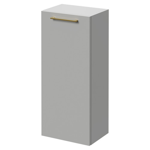 Napoli Gloss Grey Pearl 350mm Wall Mounted Side Cabinet with Single Door and Brushed Brass Handle Right Hand View
