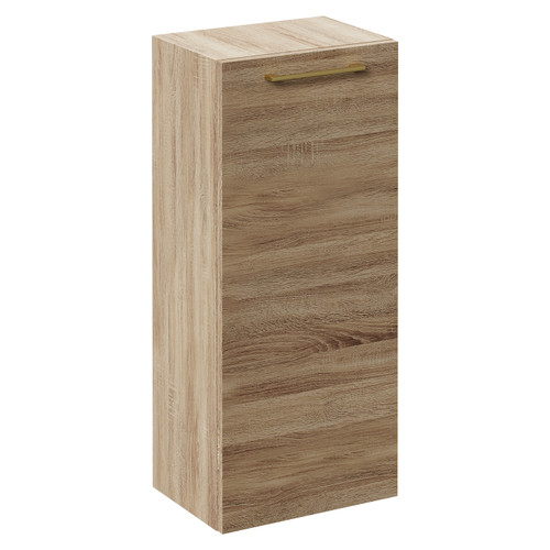 Napoli Bordalino Oak 350mm Wall Mounted Side Cabinet with Single Door and Brushed Brass Handle Left Hand View