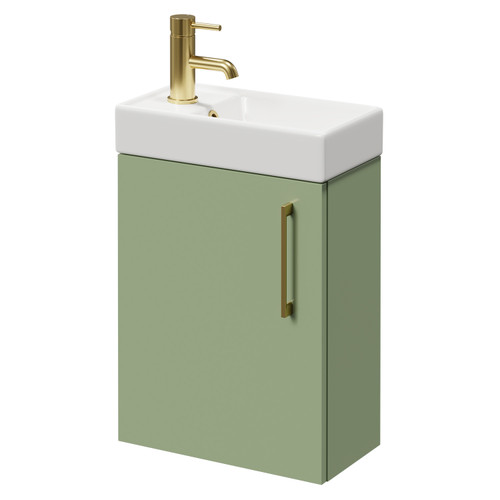 Napoli Compact Olive Green 400mm Wall Mounted Vanity Unit with 1 Tap Hole Basin and Single Door with Brushed Brass Handle Right Hand View