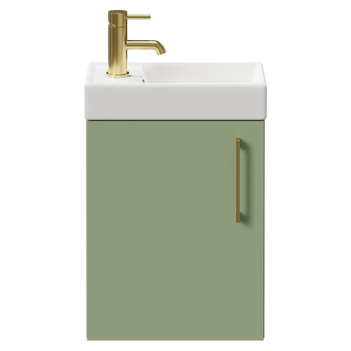 Napoli Compact Olive Green 400mm Wall Mounted Vanity Unit with 1 Tap Hole Basin and Single Door with Brushed Brass Handle Front View