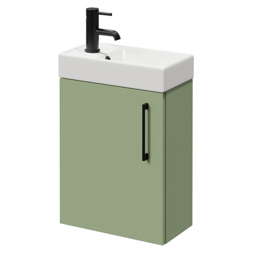 Napoli Compact Olive Green 400mm Wall Mounted Vanity Unit with 1 Tap Hole Basin and Single Door with Matt Black Handle Right Hand View