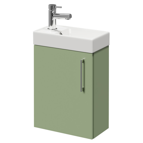 Napoli Compact Olive Green 400mm Wall Mounted Vanity Unit with 1 Tap Hole Basin and Single Door with Polished Chrome Handle Right Hand View