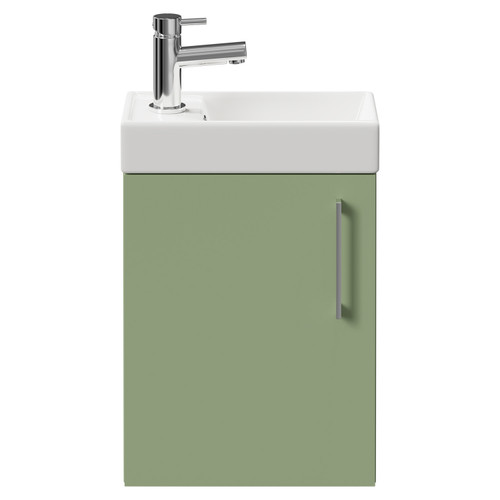 Napoli Compact Olive Green 400mm Wall Mounted Vanity Unit with 1 Tap Hole Basin and Single Door with Polished Chrome Handle Front View