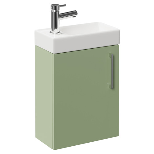 Napoli Compact Olive Green 400mm Wall Mounted Vanity Unit with 1 Tap Hole Basin and Single Door with Polished Chrome Handle Left Hand View