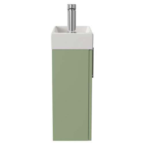 Napoli Compact Olive Green 400mm Wall Mounted Vanity Unit with 1 Tap Hole Basin and Single Door with Polished Chrome Handle Side View