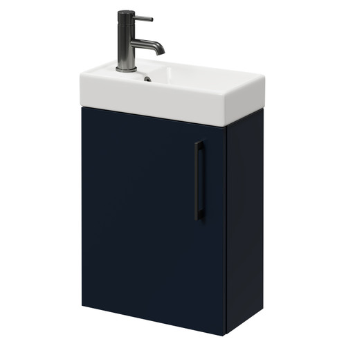 Napoli Compact Deep Blue 400mm Wall Mounted Vanity Unit with 1 Tap Hole Basin and Single Door with Gunmetal Grey Handle Right Hand View