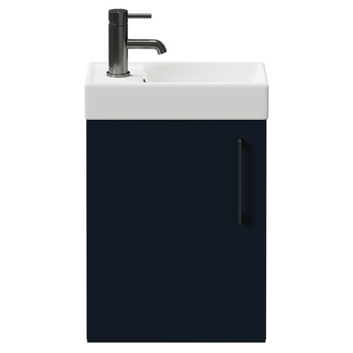Napoli Compact Deep Blue 400mm Wall Mounted Vanity Unit with 1 Tap Hole Basin and Single Door with Gunmetal Grey Handle Front View