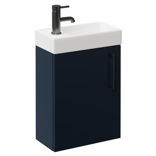 Napoli Compact Deep Blue 400mm Wall Mounted Vanity Unit with 1 Tap Hole Basin and Single Door with Gunmetal Grey Handle Left Hand View