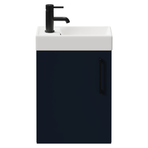 Napoli Compact Deep Blue 400mm Wall Mounted Vanity Unit with 1 Tap Hole Basin and Single Door with Matt Black Handle Front View