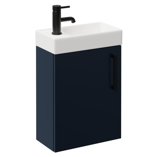 Napoli Compact Deep Blue 400mm Wall Mounted Vanity Unit with 1 Tap Hole Basin and Single Door with Matt Black Handle Left Hand View