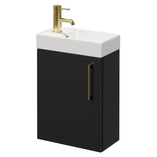 Napoli Compact Nero Oak 400mm Wall Mounted Vanity Unit with 1 Tap Hole Basin and Single Door with Brushed Brass Handle Right Hand View