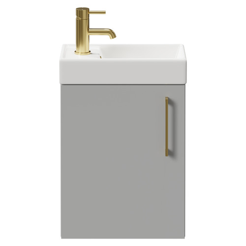 Napoli Compact Gloss Grey Pearl 400mm Wall Mounted Vanity Unit with 1 Tap Hole Basin and Single Door with Brushed Brass Handle Front View