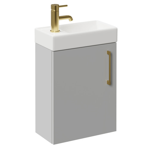 Napoli Compact Gloss Grey Pearl 400mm Wall Mounted Vanity Unit with 1 Tap Hole Basin and Single Door with Brushed Brass Handle Left Hand View