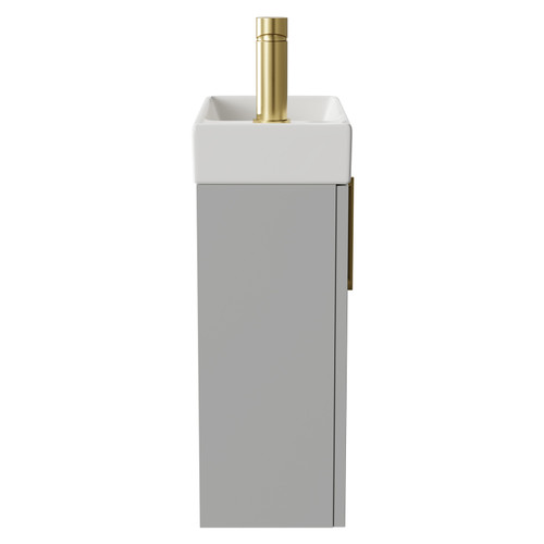 Napoli Compact Gloss Grey Pearl 400mm Wall Mounted Vanity Unit with 1 Tap Hole Basin and Single Door with Brushed Brass Handle Side View