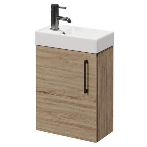 Napoli Compact Bordalino Oak 400mm Wall Mounted Vanity Unit with 1 Tap Hole Basin and Single Door with Gunmetal Grey Handle Right Hand View