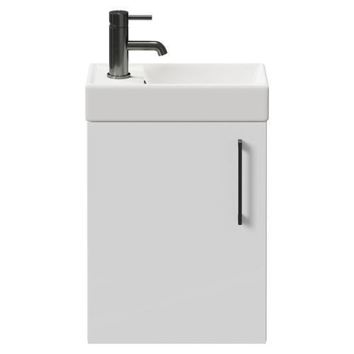 Napoli Compact Gloss White 400mm Wall Mounted Vanity Unit with 1 Tap Hole Basin and Single Door with Gunmetal Grey Handle Front View