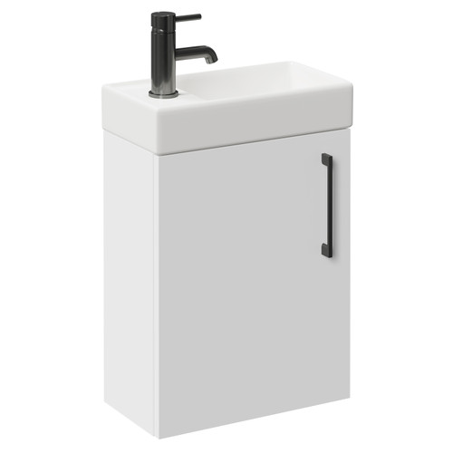 Napoli Compact Gloss White 400mm Wall Mounted Vanity Unit with 1 Tap Hole Basin and Single Door with Gunmetal Grey Handle Left Hand View