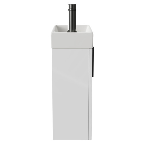 Napoli Compact Gloss White 400mm Wall Mounted Vanity Unit with 1 Tap Hole Basin and Single Door with Gunmetal Grey Handle Side View