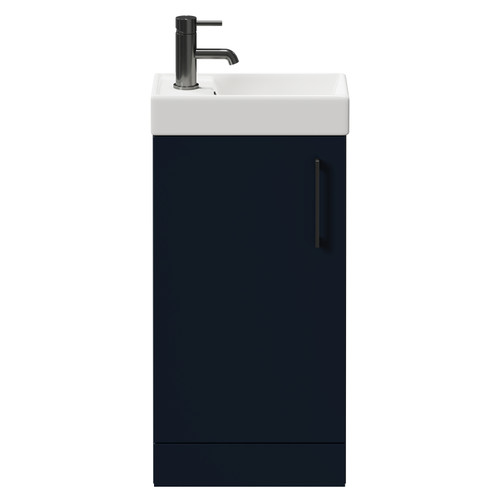 Napoli Compact Deep Blue 400mm Floor Standing Vanity Unit with 1 Tap Hole Basin and Single Door with Gunmetal Grey Handle Front View