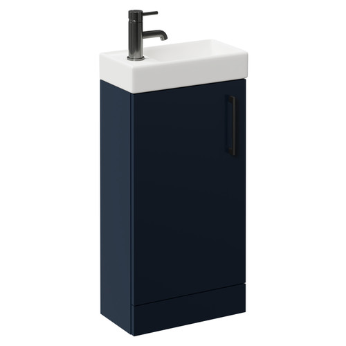 Napoli Compact Deep Blue 400mm Floor Standing Vanity Unit with 1 Tap Hole Basin and Single Door with Gunmetal Grey Handle Left Hand View