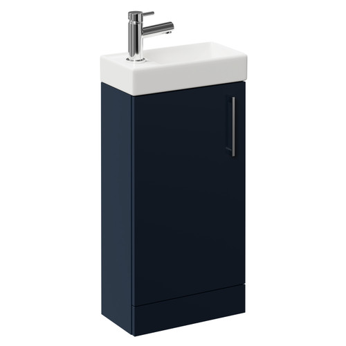 Napoli Compact Deep Blue 400mm Floor Standing Vanity Unit with 1 Tap Hole Basin and Single Door with Polished Chrome Handle Left Hand View