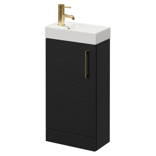 Napoli Compact Nero Oak 400mm Floor Standing Vanity Unit with 1 Tap Hole Basin and Single Door with Brushed Brass Handle Right Hand View