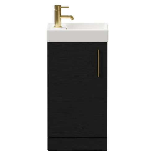 Napoli Compact Nero Oak 400mm Floor Standing Vanity Unit with 1 Tap Hole Basin and Single Door with Brushed Brass Handle Front View