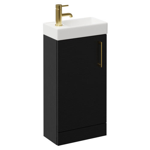 Napoli Compact Nero Oak 400mm Floor Standing Vanity Unit with 1 Tap Hole Basin and Single Door with Brushed Brass Handle Left Hand View