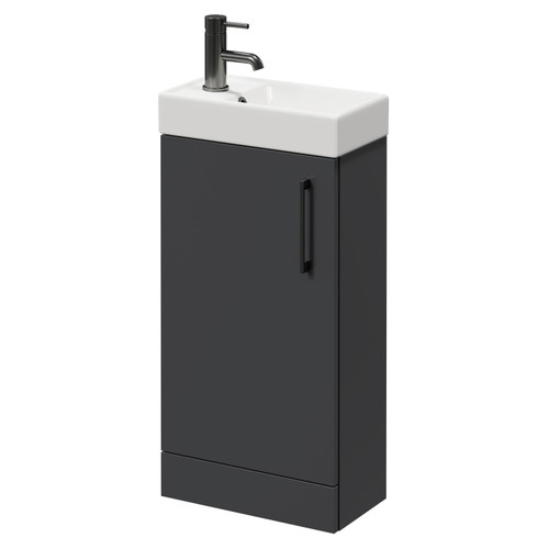 Napoli Compact Gloss Grey 400mm Floor Standing Vanity Unit with 1 Tap Hole Basin and Single Door with Gunmetal Grey Handle Right Hand View