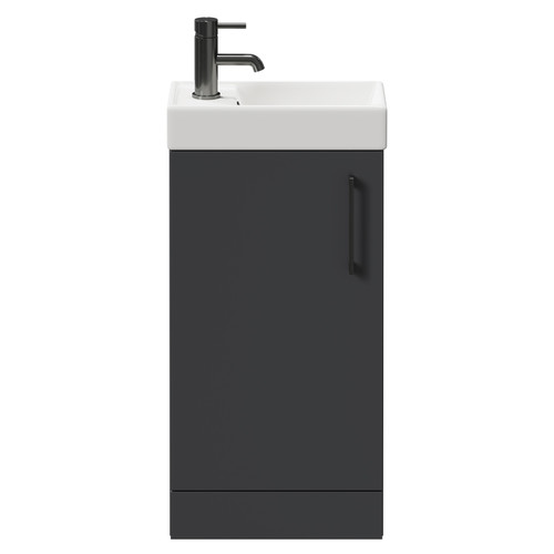 Napoli Compact Gloss Grey 400mm Floor Standing Vanity Unit with 1 Tap Hole Basin and Single Door with Gunmetal Grey Handle Front View