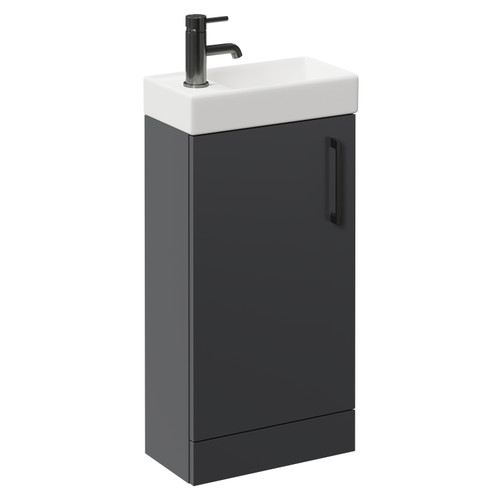 Napoli Compact Gloss Grey 400mm Floor Standing Vanity Unit with 1 Tap Hole Basin and Single Door with Gunmetal Grey Handle Left Hand View
