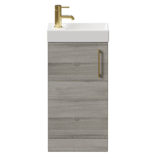 Napoli Compact Molina Ash 400mm Floor Standing Vanity Unit with 1 Tap Hole Basin and Single Door with Brushed Brass Handle Front View