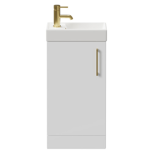 Napoli Compact Gloss White 400mm Floor Standing Vanity Unit with 1 Tap Hole Basin and Single Door with Brushed Brass Handle Front View