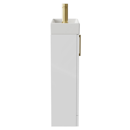 Napoli Compact Gloss White 400mm Floor Standing Vanity Unit with 1 Tap Hole Basin and Single Door with Brushed Brass Handle Side View