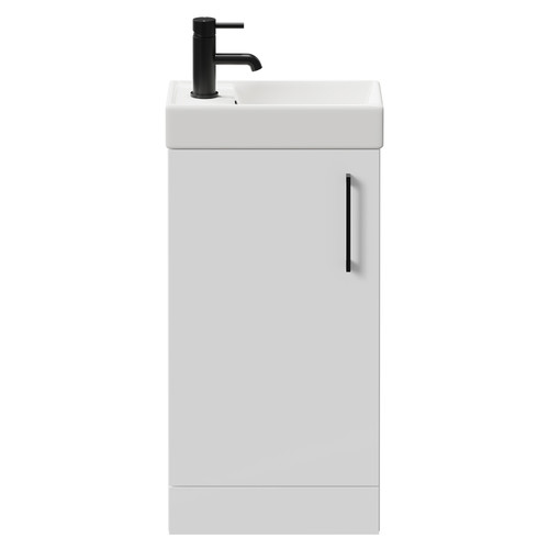 Napoli Compact Gloss White 400mm Floor Standing Vanity Unit with 1 Tap Hole Basin and Single Door with Matt Black Handle Front View