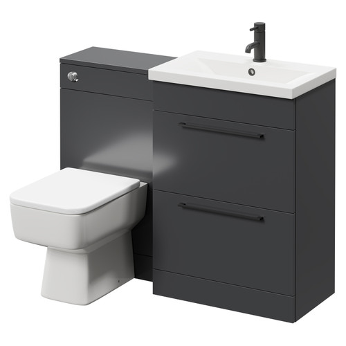 Napoli 390 Gloss Grey 1100mm Vanity Unit Toilet Suite with 1 Tap Hole Basin and 2 Drawers with Matt Black Handles Right Hand View