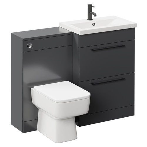 Napoli 390 Gloss Grey 1100mm Vanity Unit Toilet Suite with 1 Tap Hole Basin and 2 Drawers with Matt Black Handles Left Hand View