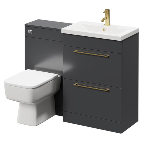 Napoli 390 Gloss Grey 1100mm Vanity Unit Toilet Suite with 1 Tap Hole Basin and 2 Drawers with Brushed Brass Handles Right Hand View