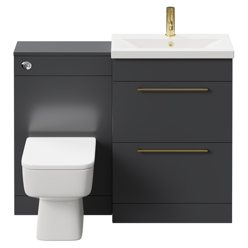 Napoli 390 Gloss Grey 1100mm Vanity Unit Toilet Suite with 1 Tap Hole Basin and 2 Drawers with Brushed Brass Handles Front View