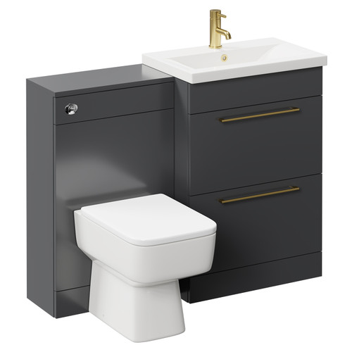 Napoli 390 Gloss Grey 1100mm Vanity Unit Toilet Suite with 1 Tap Hole Basin and 2 Drawers with Brushed Brass Handles Left Hand View