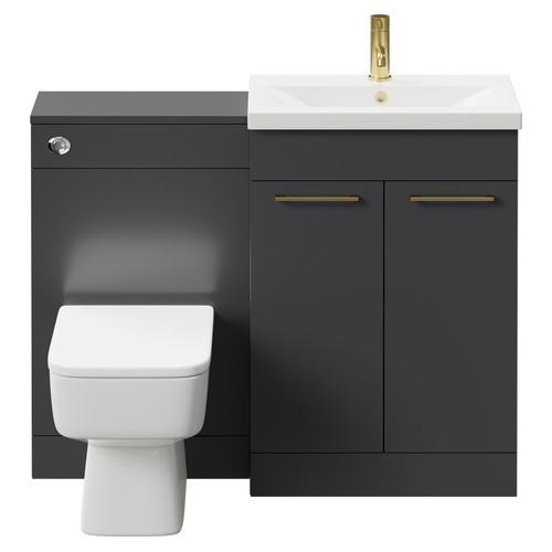 Napoli 390 Gloss Grey 1100mm Vanity Unit Toilet Suite with 1 Tap Hole Basin and 2 Doors with Brushed Brass Handles Front View