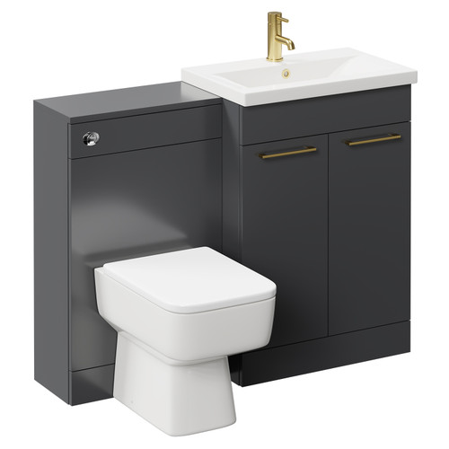 Napoli 390 Gloss Grey 1100mm Vanity Unit Toilet Suite with 1 Tap Hole Basin and 2 Doors with Brushed Brass Handles Left Hand View