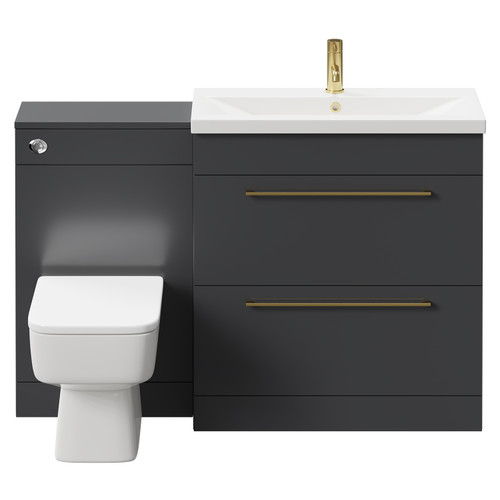 Napoli 390 Gloss Grey 1300mm Vanity Unit Toilet Suite with 1 Tap Hole Basin and 2 Drawers with Brushed Brass Handles Front View
