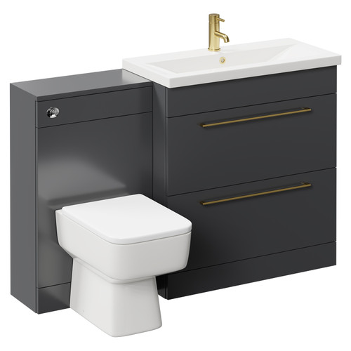 Napoli 390 Gloss Grey 1300mm Vanity Unit Toilet Suite with 1 Tap Hole Basin and 2 Drawers with Brushed Brass Handles Left Hand View