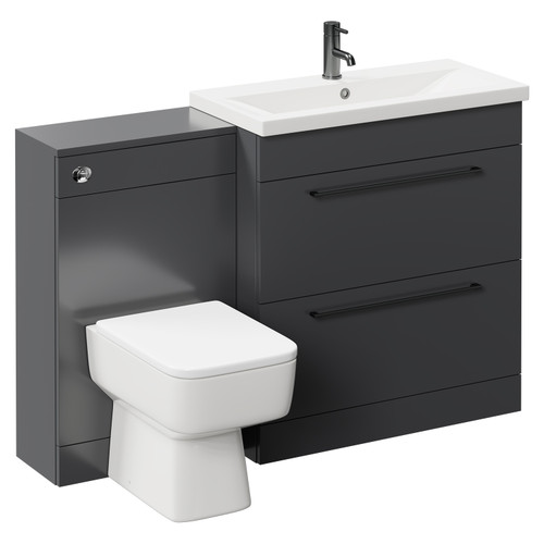 Napoli 390 Gloss Grey 1300mm Vanity Unit Toilet Suite with 1 Tap Hole Basin and 2 Drawers with Gunmetal Grey Handles Left Hand View