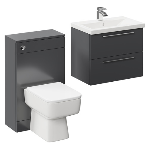 Napoli 390 Gloss Grey 1100mm Wall Mounted Vanity Unit Toilet Suite with 1 Tap Hole Basin and 2 Drawers with Polished Chrome Handles Left Hand View