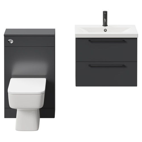 Napoli 390 Gloss Grey 1100mm Wall Mounted Vanity Unit Toilet Suite with 1 Tap Hole Basin and 2 Drawers with Matt Black Handles Front View